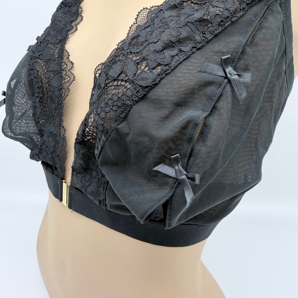 Cacique Black Lace Mesh Strappy Cage Back Bralette 44D Front Clasp Bows Sexy - Picture 3 of 7